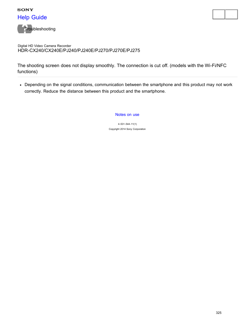 The shooting screen does not display smoothly, Help guide | Sony HDR-CX240 User Manual | Page 335 / 351