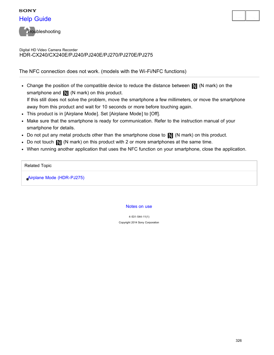The nfc connection does not work, Help guide | Sony HDR-CX240 User Manual | Page 336 / 351