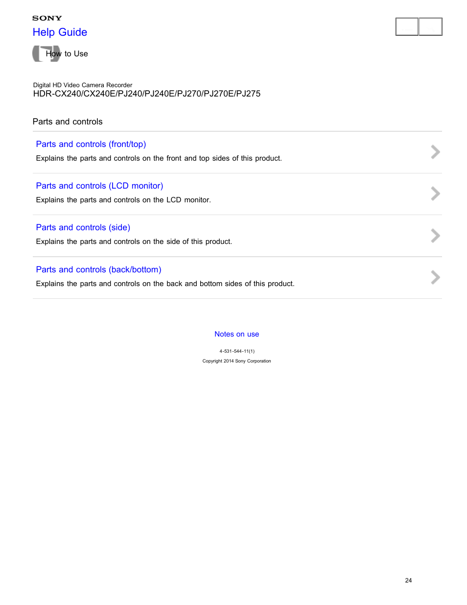 Parts and controls, Help guide | Sony HDR-CX240 User Manual | Page 34 / 351