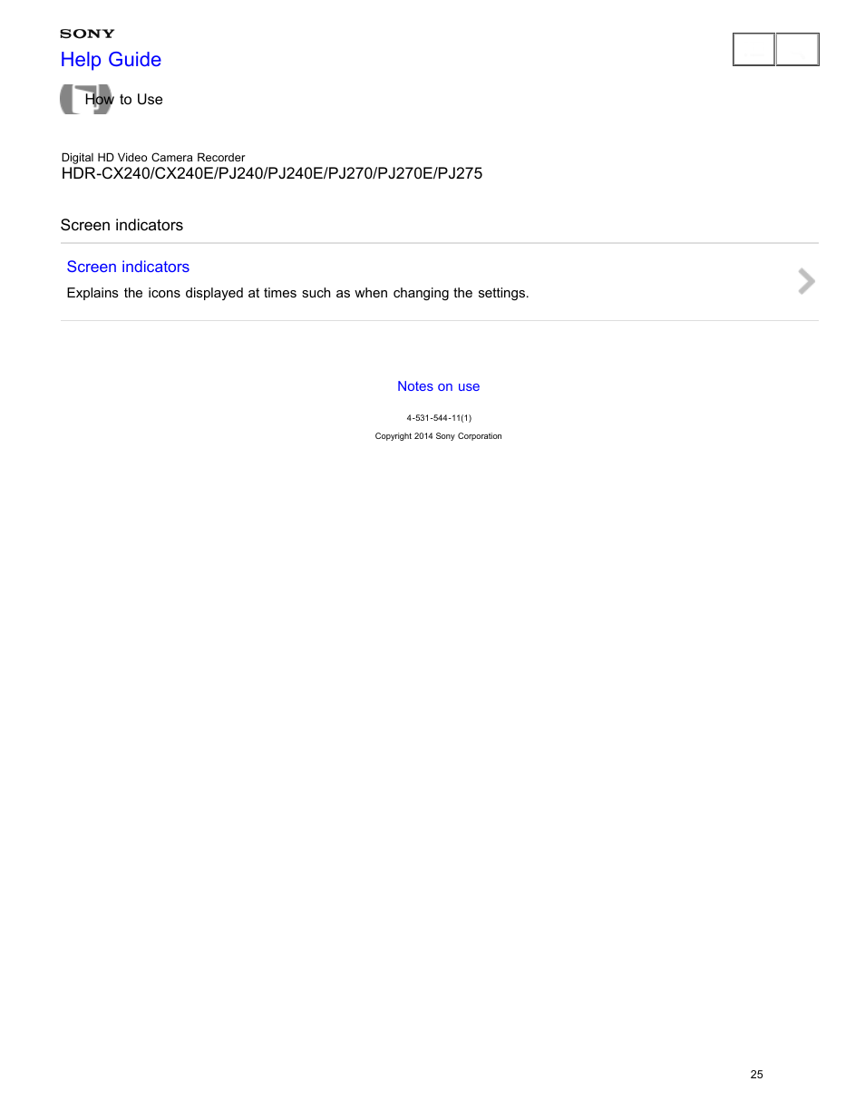 Screen indicators, Help guide | Sony HDR-CX240 User Manual | Page 35 / 351