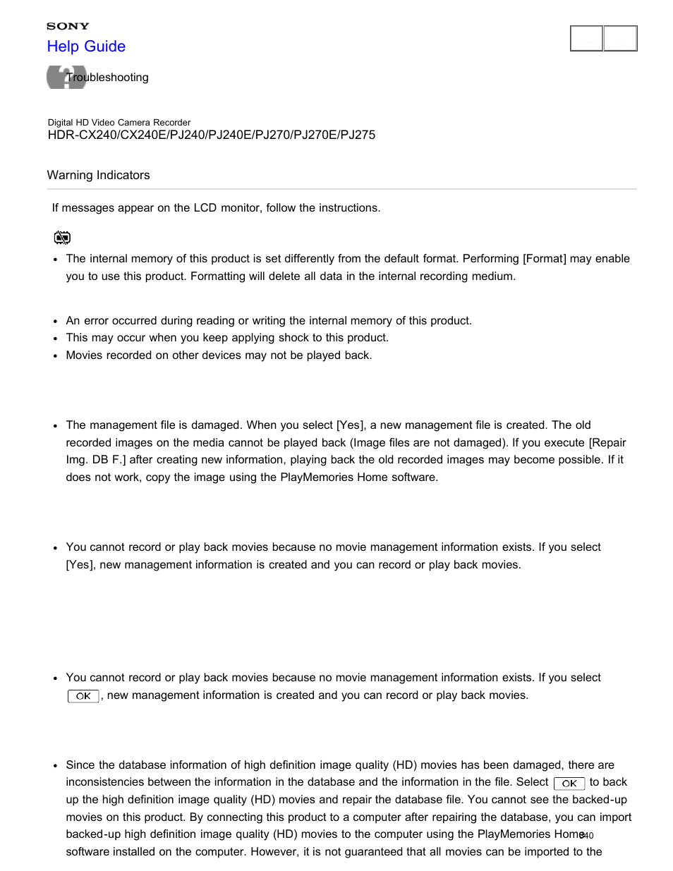 Warning indicators, Help guide | Sony HDR-CX240 User Manual | Page 350 / 351
