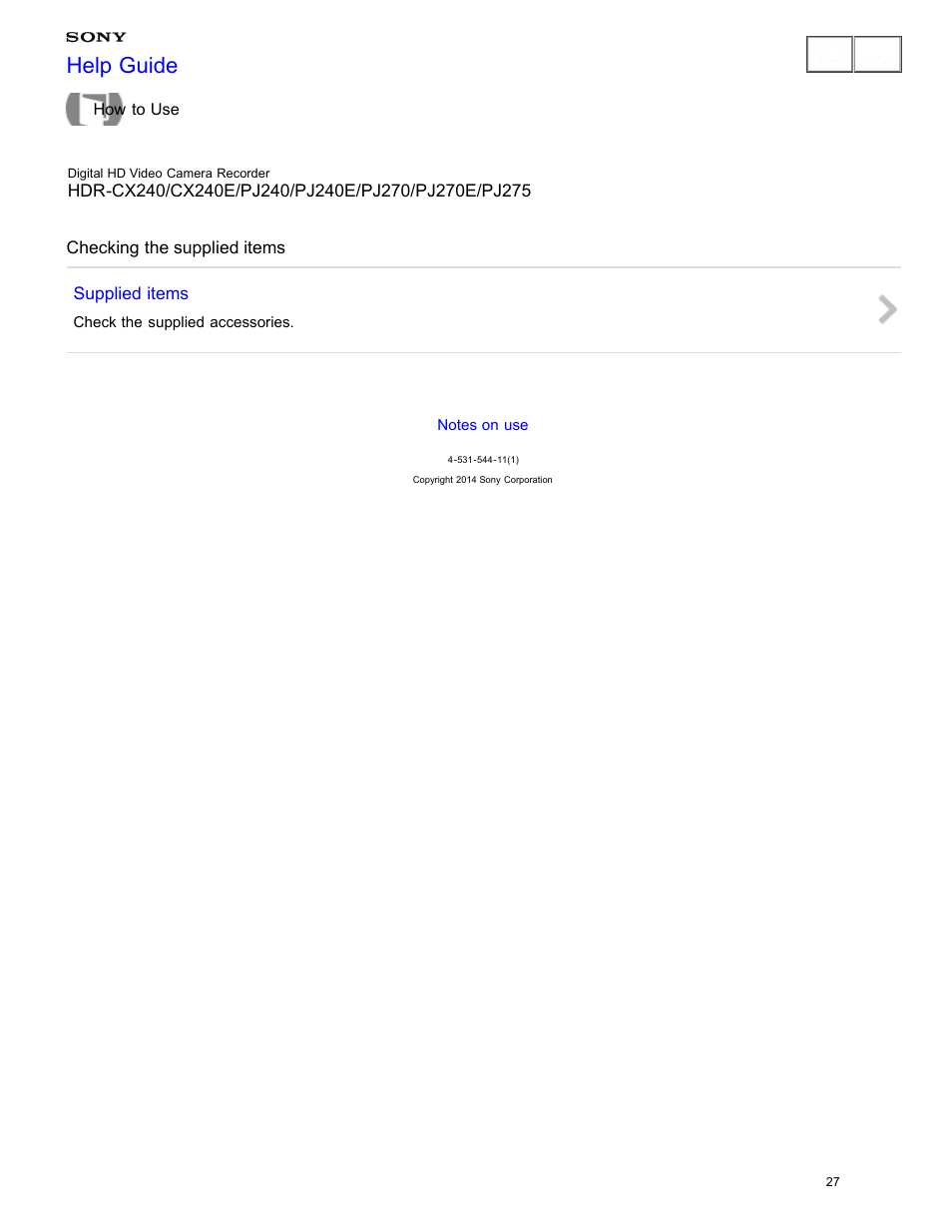 Checking the supplied items, Help guide | Sony HDR-CX240 User Manual | Page 37 / 351