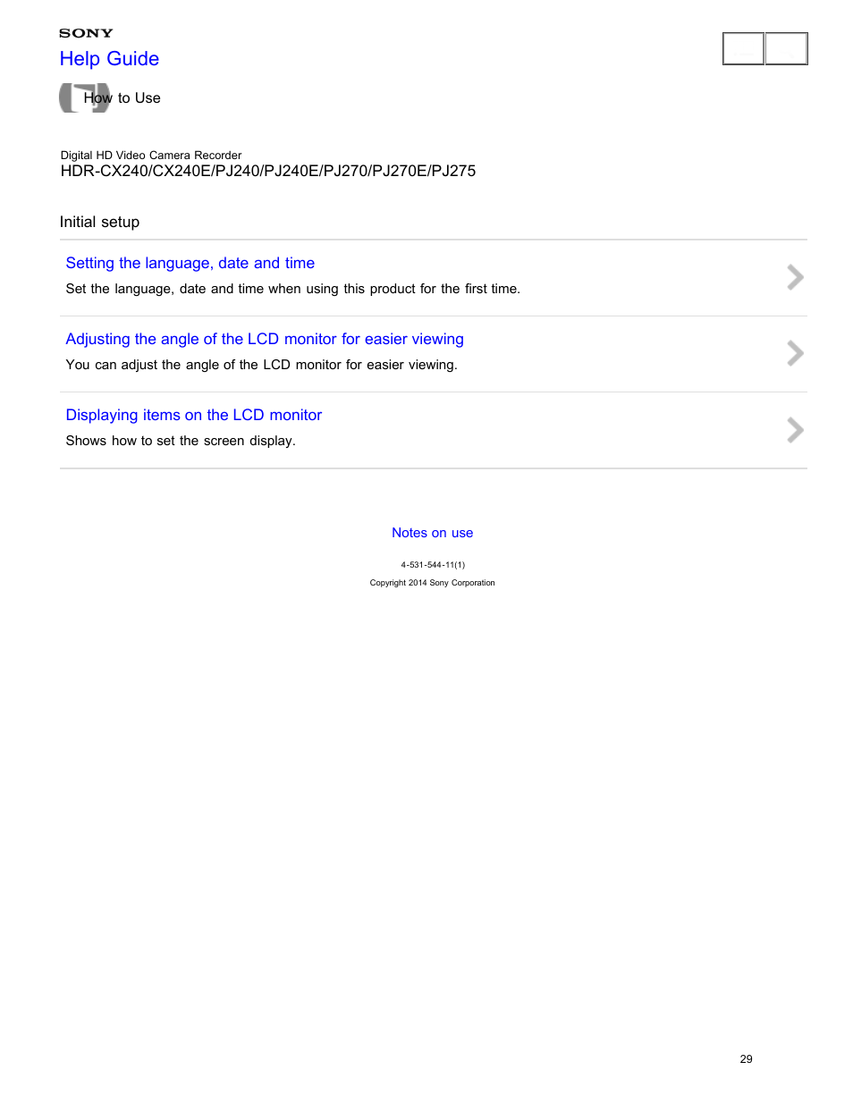 Initial setup, Help guide | Sony HDR-CX240 User Manual | Page 39 / 351