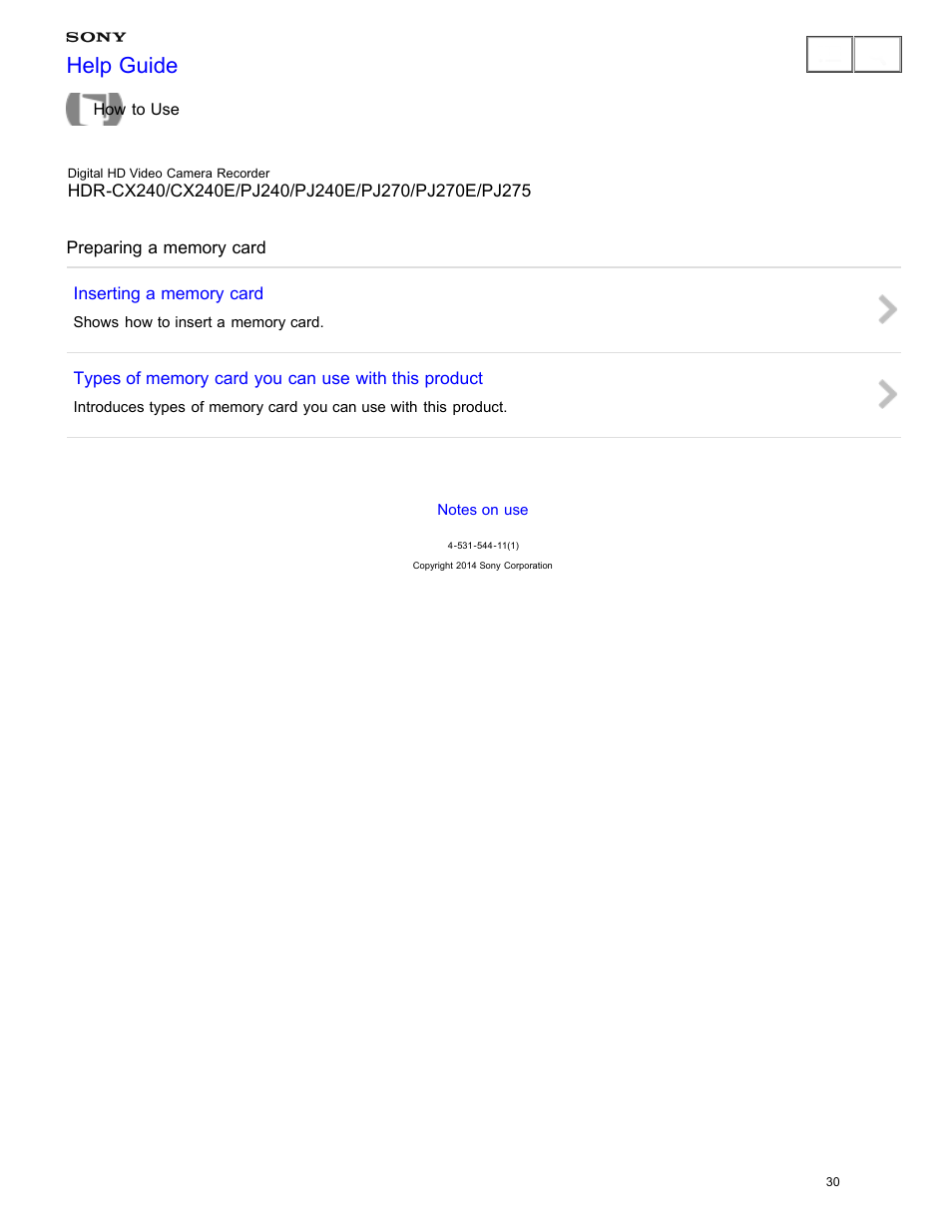 Preparing a memory card, Help guide | Sony HDR-CX240 User Manual | Page 40 / 351