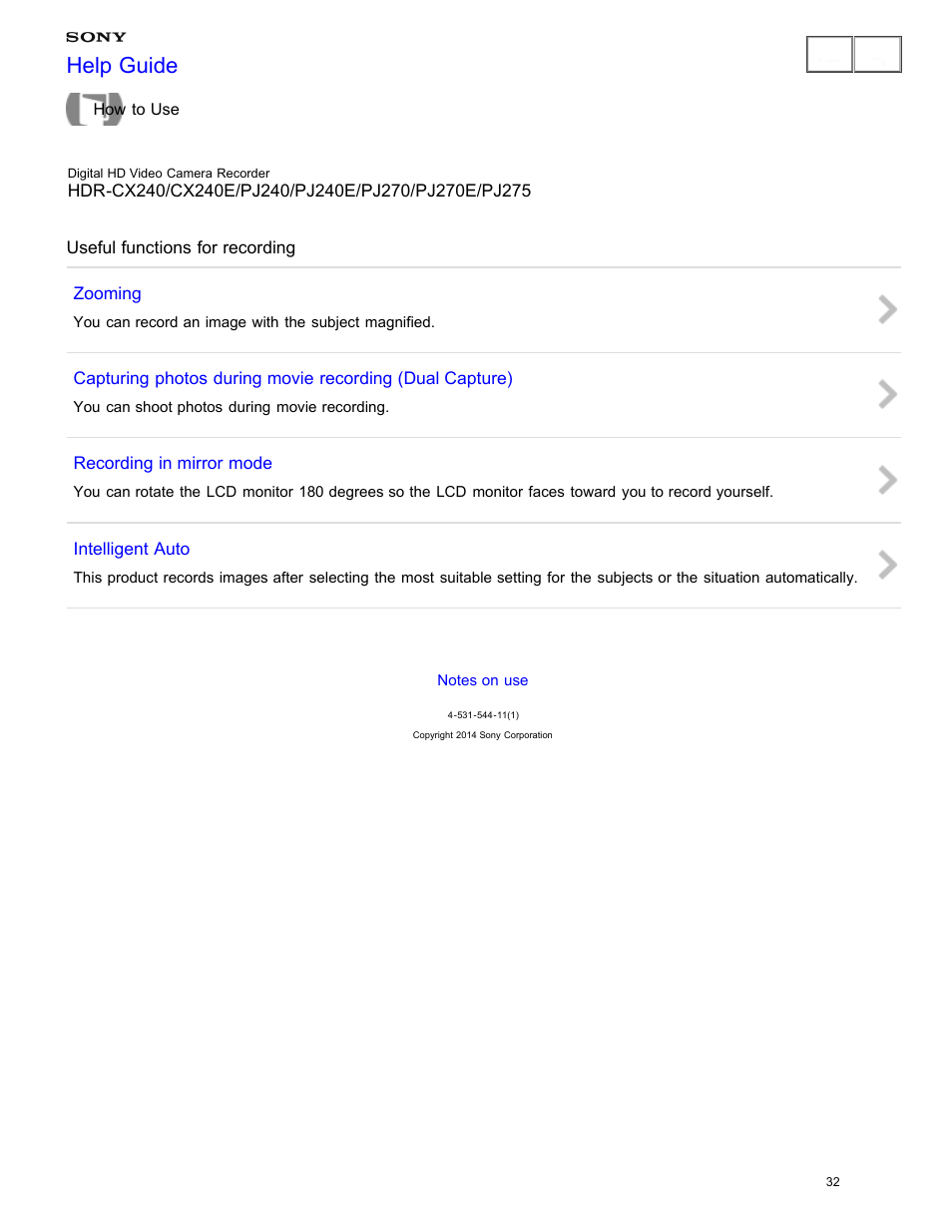 Useful functions for recording, Help guide | Sony HDR-CX240 User Manual | Page 42 / 351