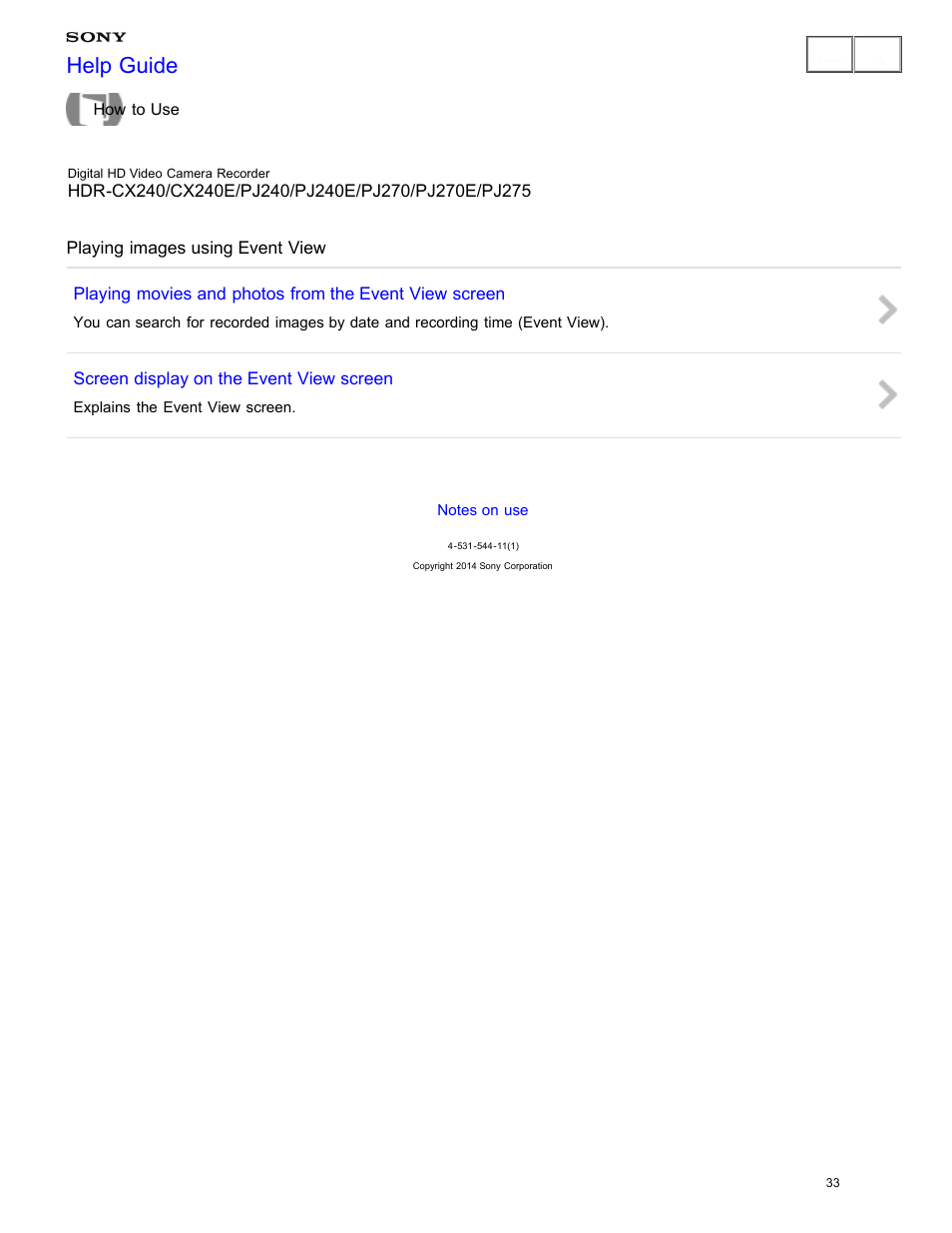 Playing images using event view, Help guide | Sony HDR-CX240 User Manual | Page 43 / 351