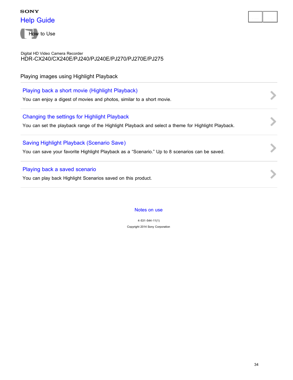 Playing images using highlight playback, Help guide | Sony HDR-CX240 User Manual | Page 44 / 351