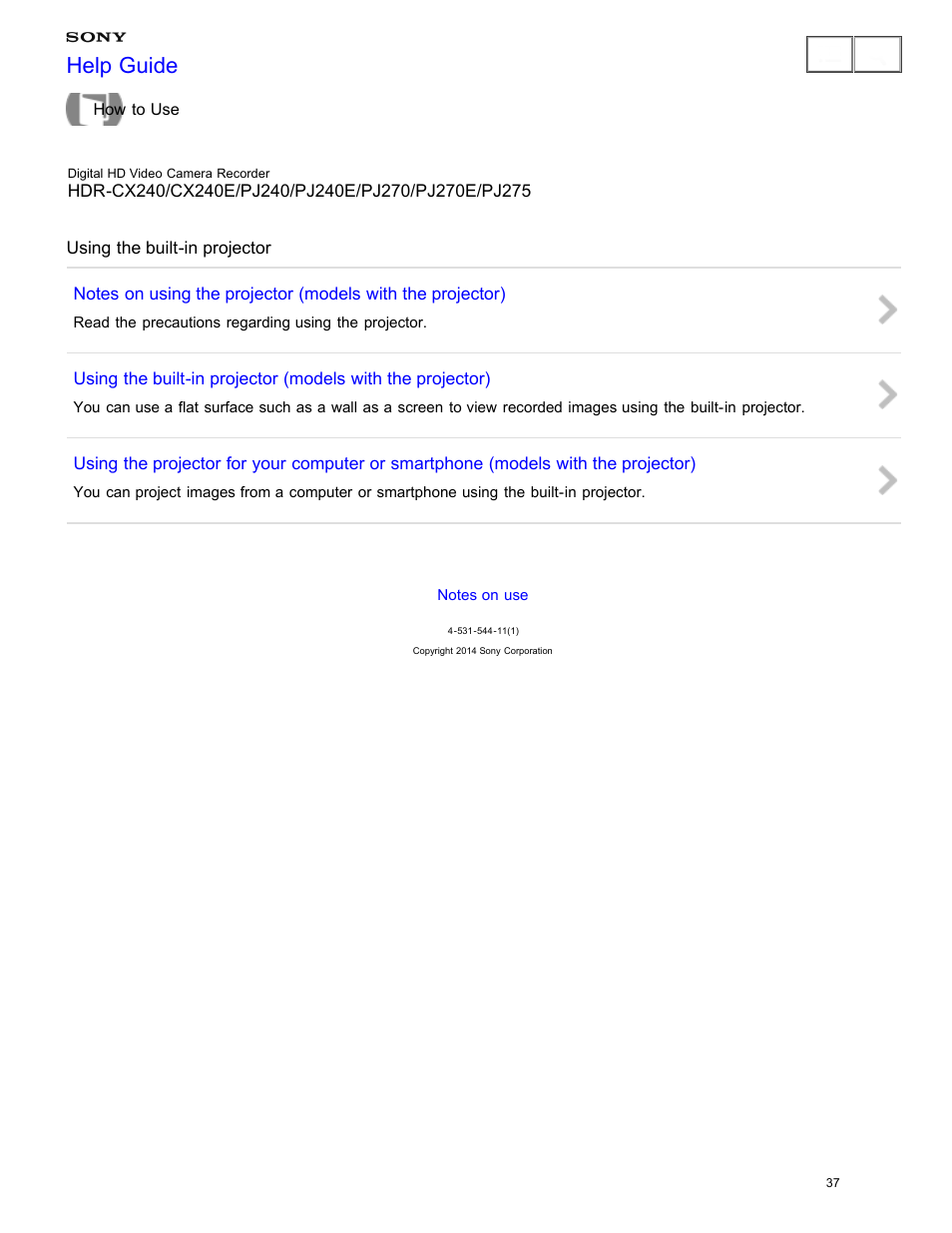 Using the built-in projector, Help guide | Sony HDR-CX240 User Manual | Page 47 / 351