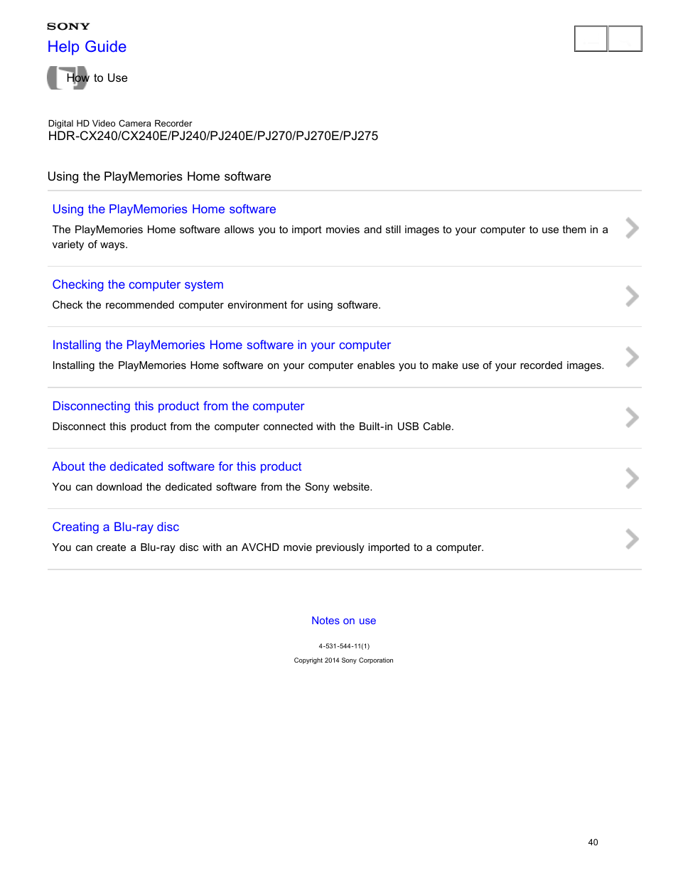 Using the playmemories home software, Help guide | Sony HDR-CX240 User Manual | Page 50 / 351