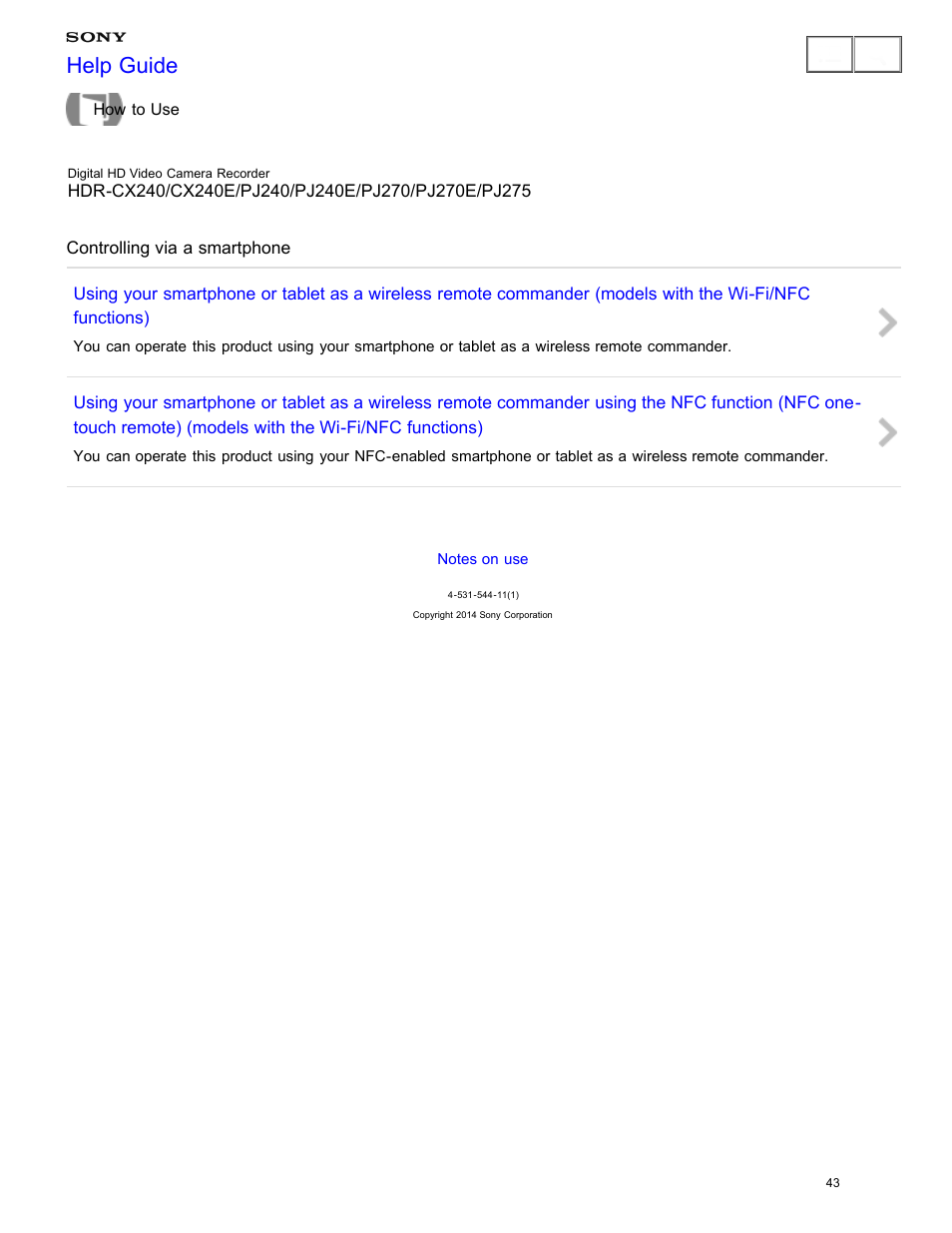 Controlling via a smartphone, Help guide | Sony HDR-CX240 User Manual | Page 53 / 351