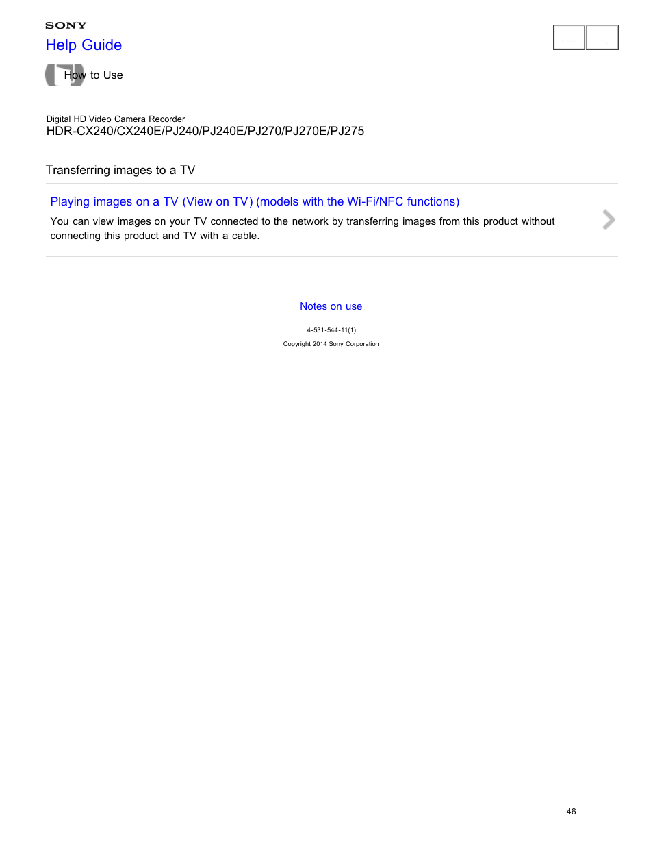 Transferring images to a tv, Help guide | Sony HDR-CX240 User Manual | Page 56 / 351