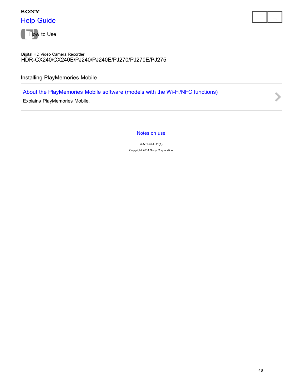 Installing playmemories mobile, Help guide | Sony HDR-CX240 User Manual | Page 58 / 351