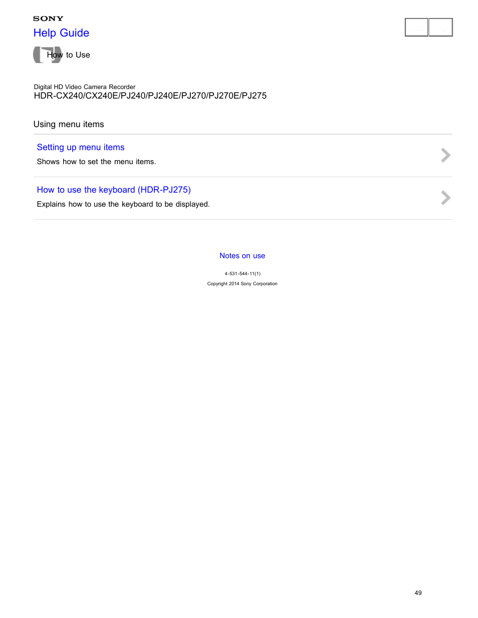 Using menu items, Help guide | Sony HDR-CX240 User Manual | Page 59 / 351