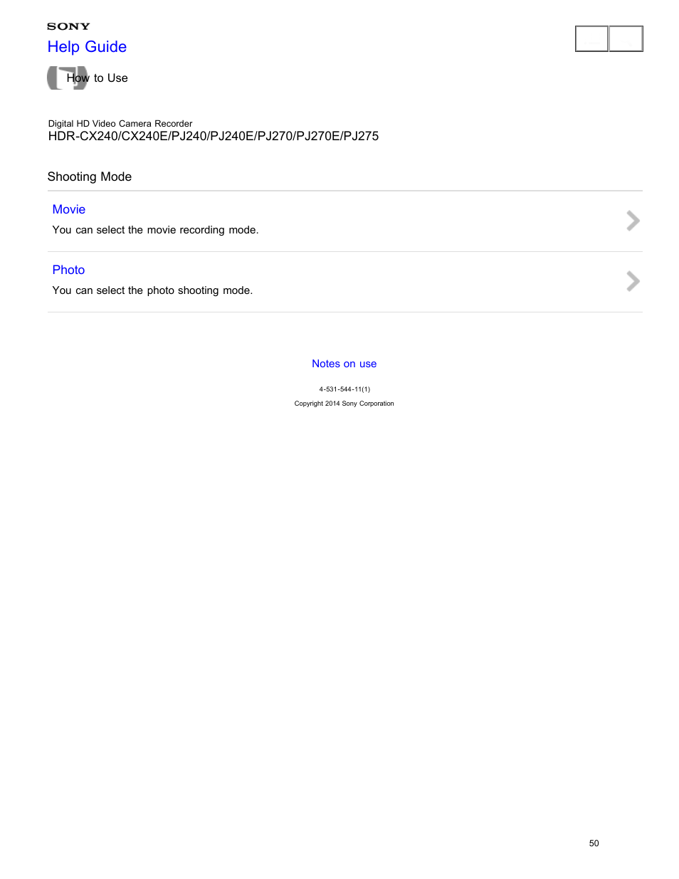 Shooting mode, Help guide | Sony HDR-CX240 User Manual | Page 60 / 351