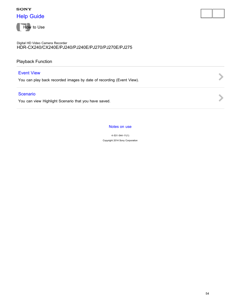 Playback function, Help guide | Sony HDR-CX240 User Manual | Page 64 / 351