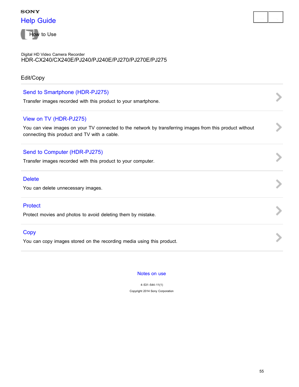 Edit/copy, Help guide | Sony HDR-CX240 User Manual | Page 65 / 351