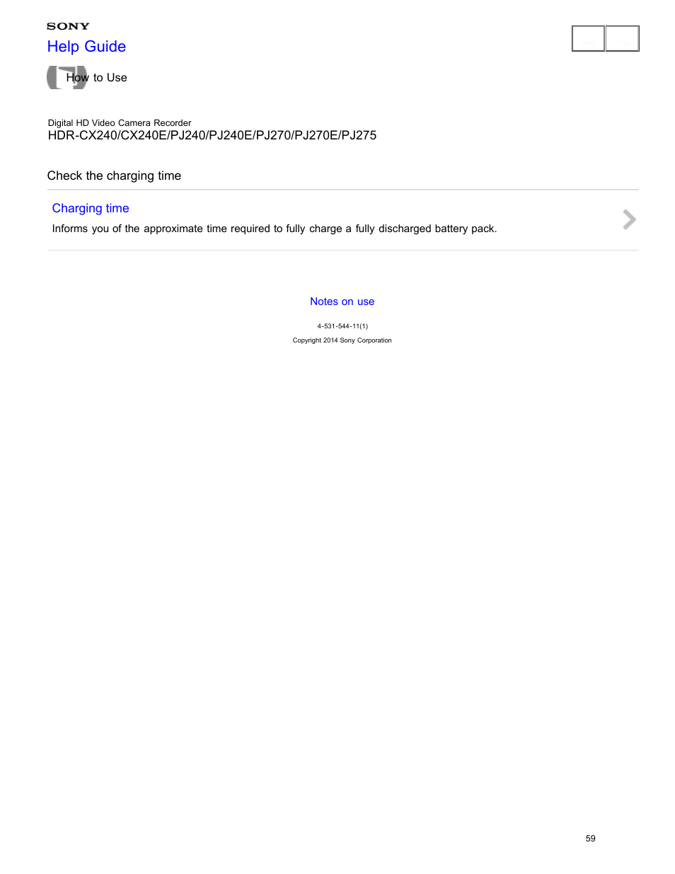 Check the charging time, Help guide | Sony HDR-CX240 User Manual | Page 69 / 351