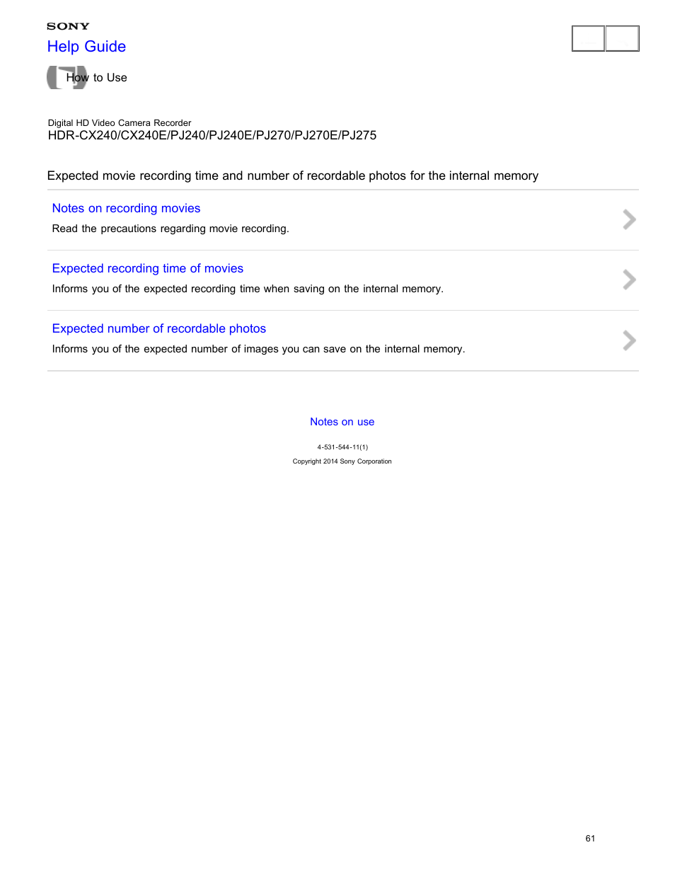 For the internal memory, Help guide | Sony HDR-CX240 User Manual | Page 71 / 351