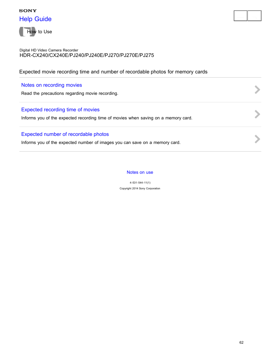 For memory cards, Help guide | Sony HDR-CX240 User Manual | Page 72 / 351