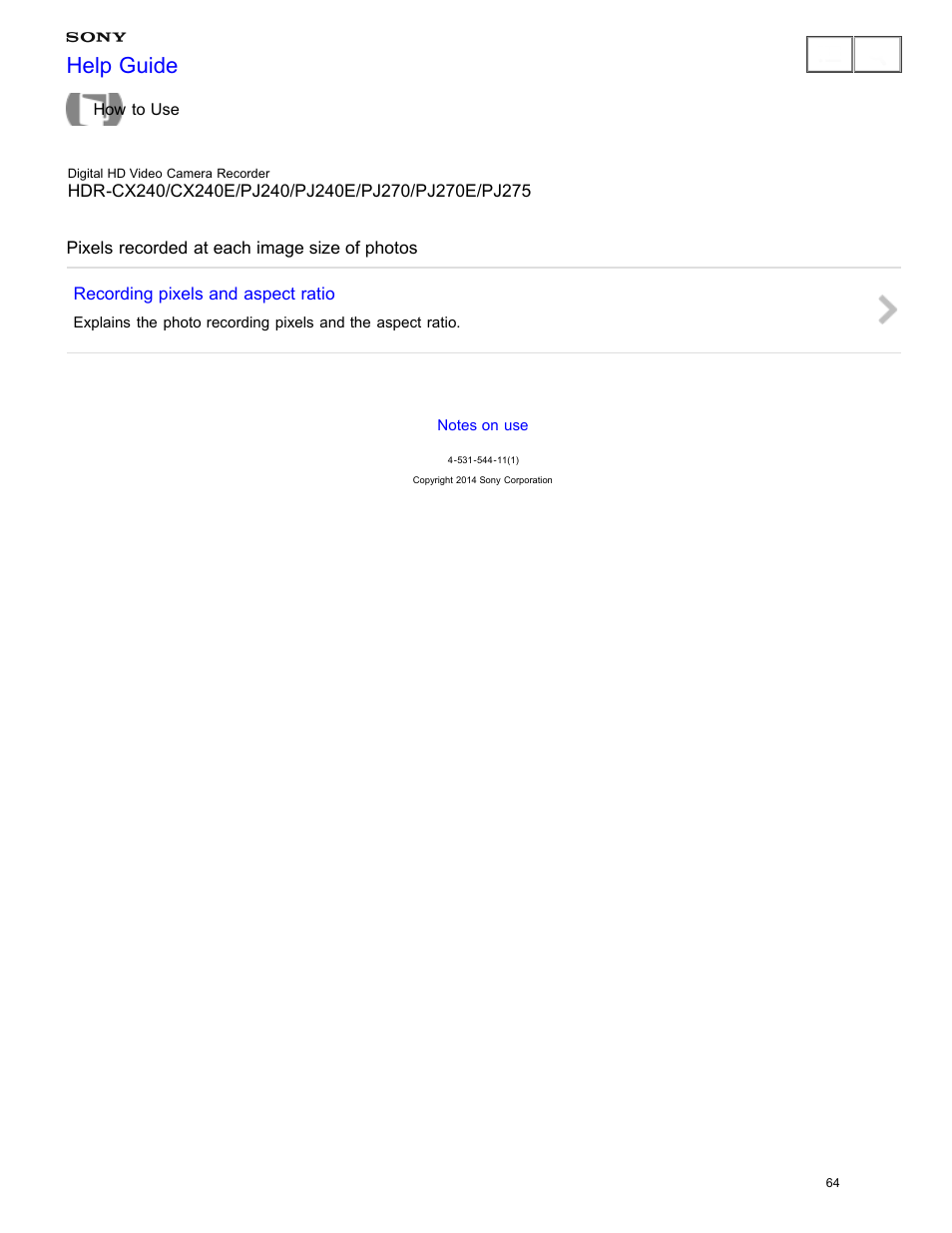Pixels recorded at each image size of photos, Help guide | Sony HDR-CX240 User Manual | Page 74 / 351