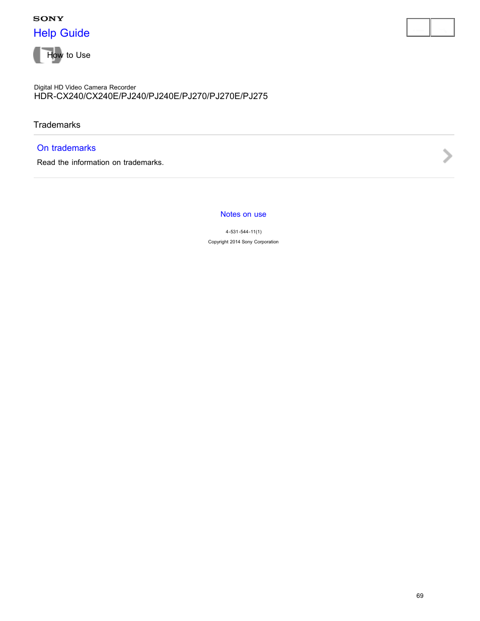 Trademarks, Help guide | Sony HDR-CX240 User Manual | Page 79 / 351