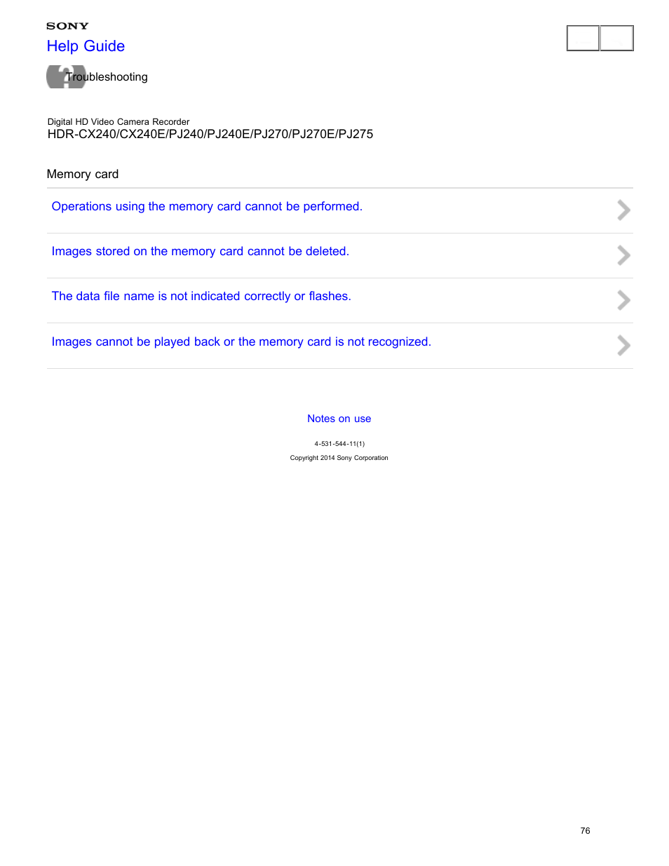 Memory card, Help guide | Sony HDR-CX240 User Manual | Page 86 / 351