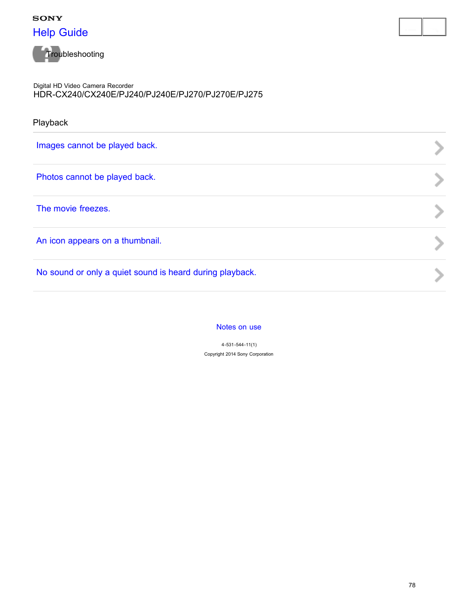 Playback, Help guide | Sony HDR-CX240 User Manual | Page 88 / 351