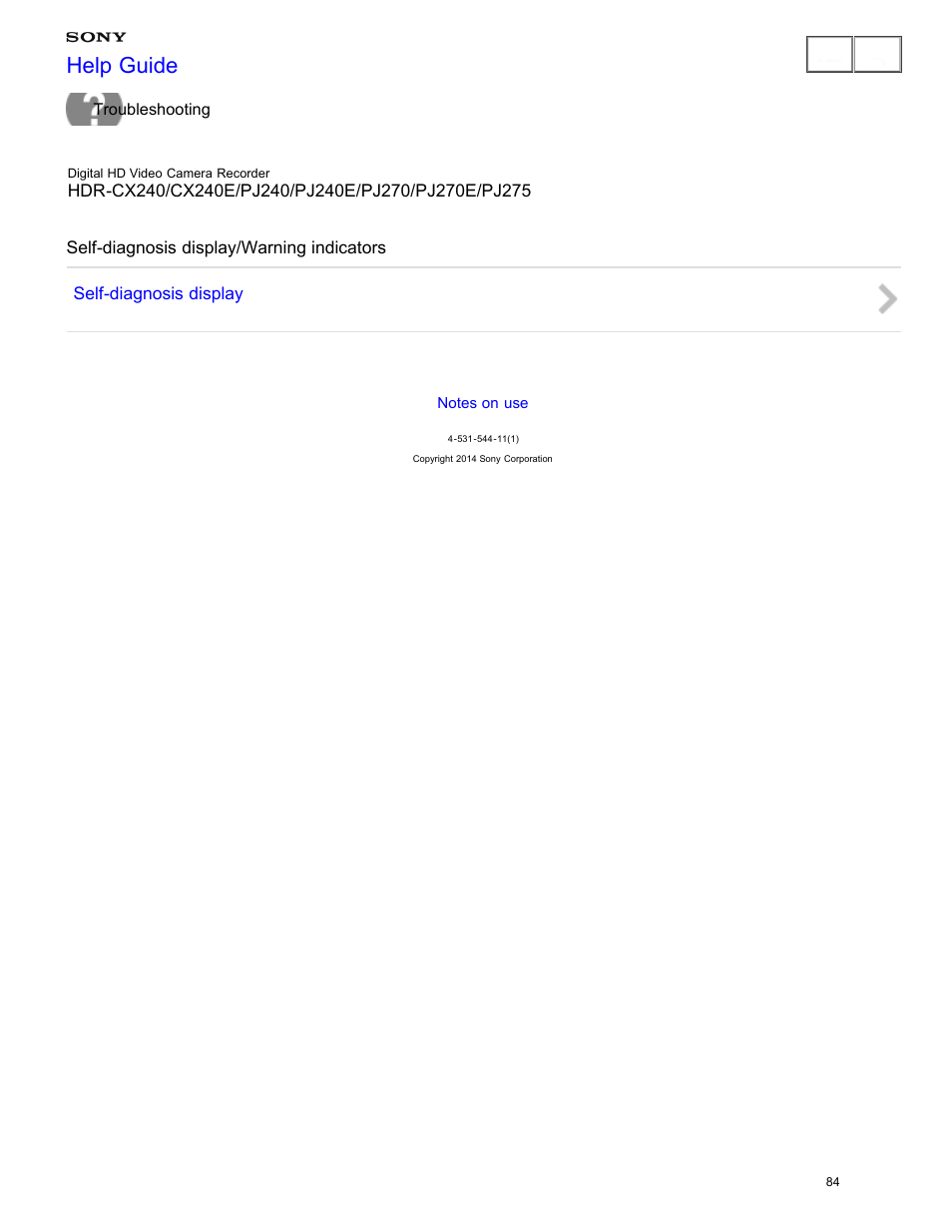 Self-diagnosis display/warning indicators, Help guide | Sony HDR-CX240 User Manual | Page 94 / 351