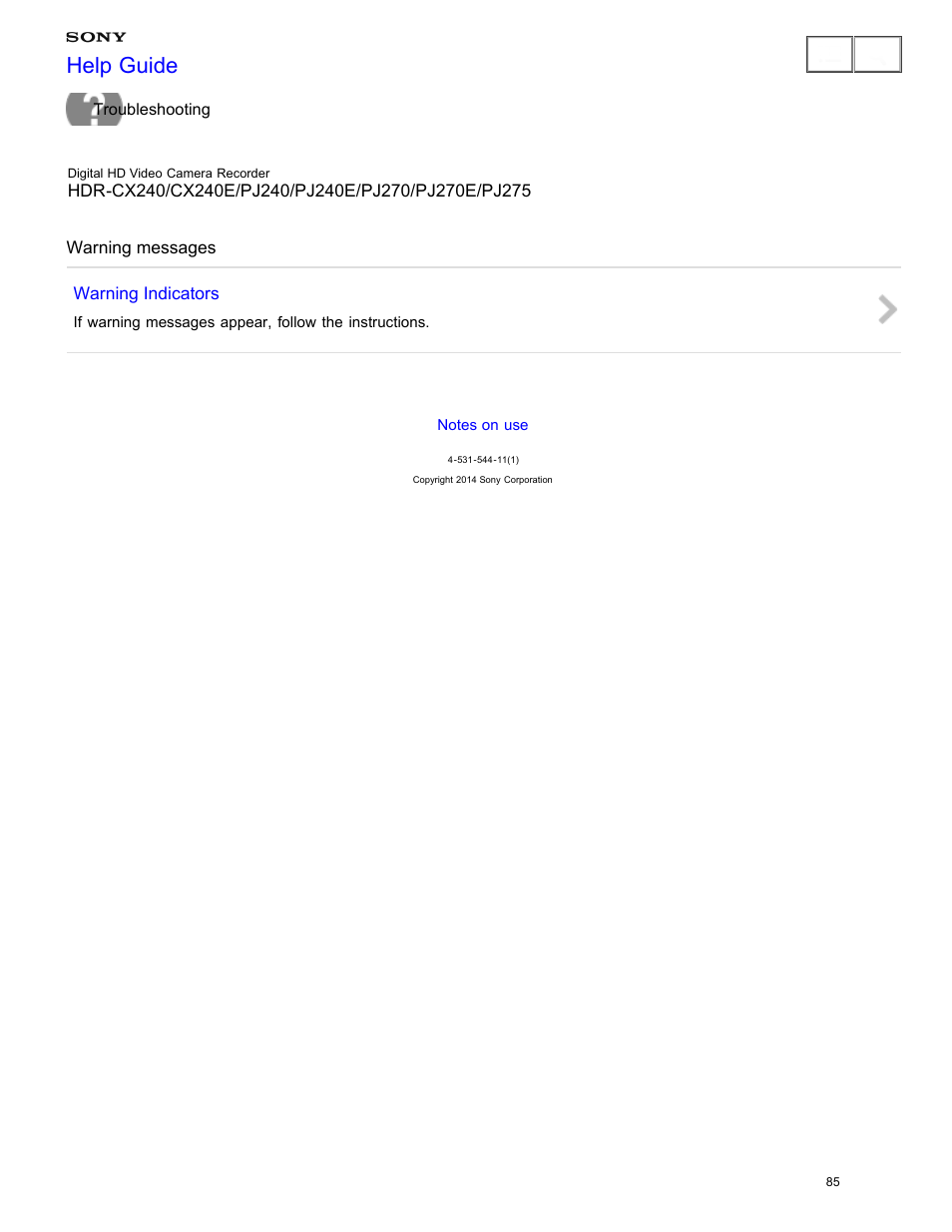 Warning messages, Help guide | Sony HDR-CX240 User Manual | Page 95 / 351