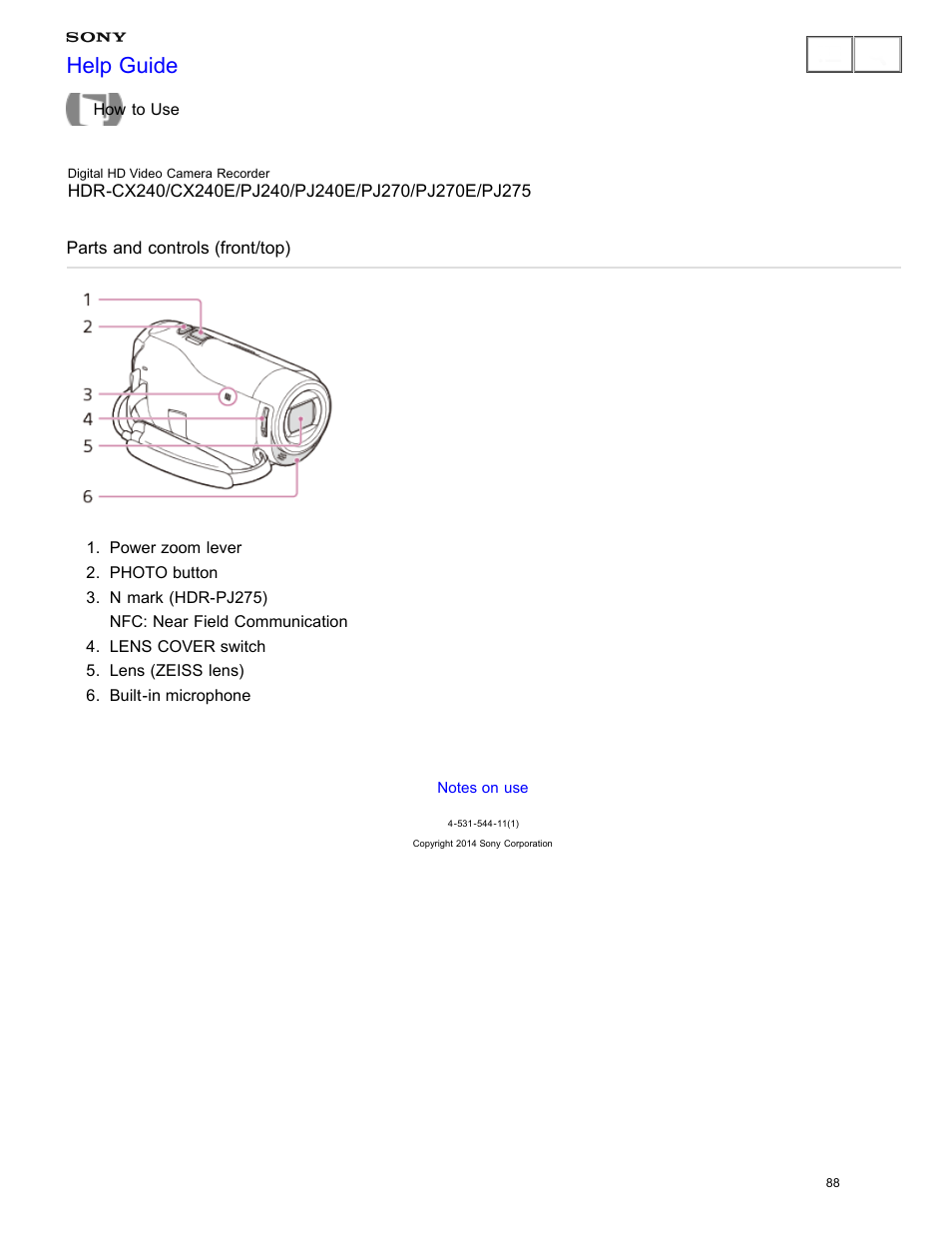 Parts and controls (front/top), Help guide | Sony HDR-CX240 User Manual | Page 98 / 351
