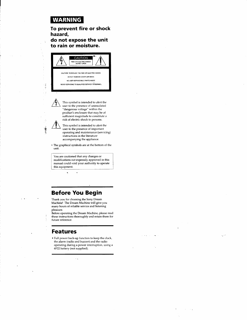 Warning, Before you begin, Features | Sony ICF-C295 User Manual | Page 3 / 9