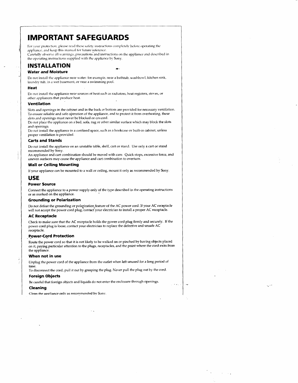 Water and moisture, Heat, Ventilation | Carts and stands, Wall or ceiling mounting, Power source, Grounding or polarization, Ac receptacle, Power-cord protection, When not in use | Sony ICF-C295 User Manual | Page 5 / 9