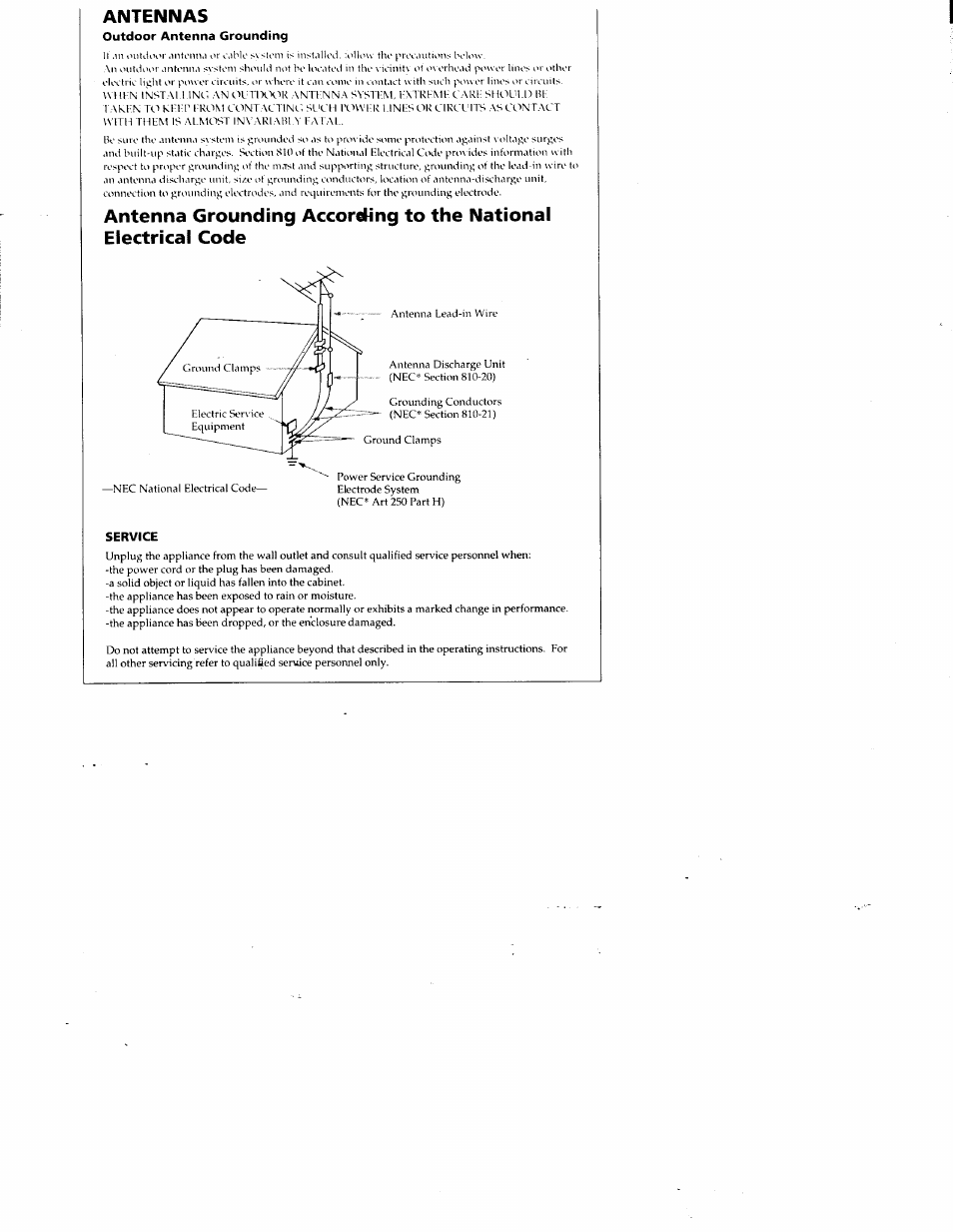 Outdoor antenna grounding, Service, Antennas | Sony ICF-C295 User Manual | Page 6 / 9