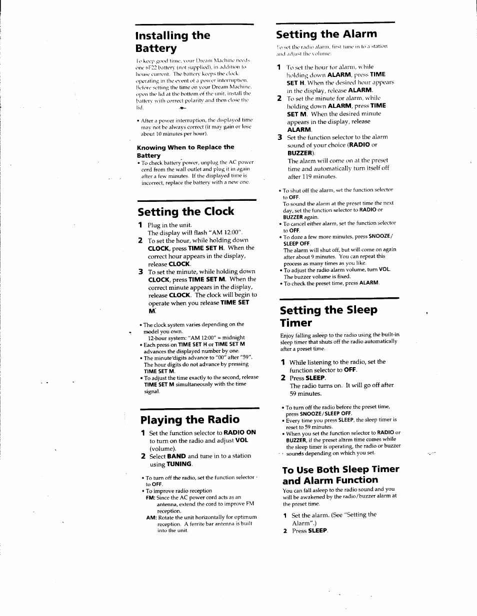 Installing the battery, Knowing when to replace the battery, Setting the clock | Setting the alarm, Setting the sleep timer, 2 press sleep, Playing the radio | Sony ICF-C295 User Manual | Page 8 / 9