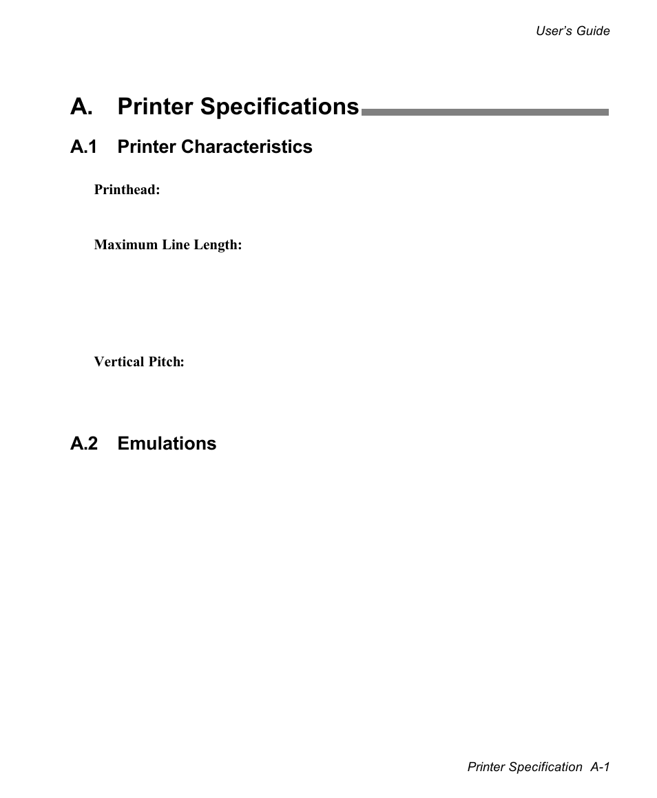 A. printer specifications, A.1 printer characteristics, A.2 emulations | AMT Datasouth documax 3300 User Manual | Page 129 / 221