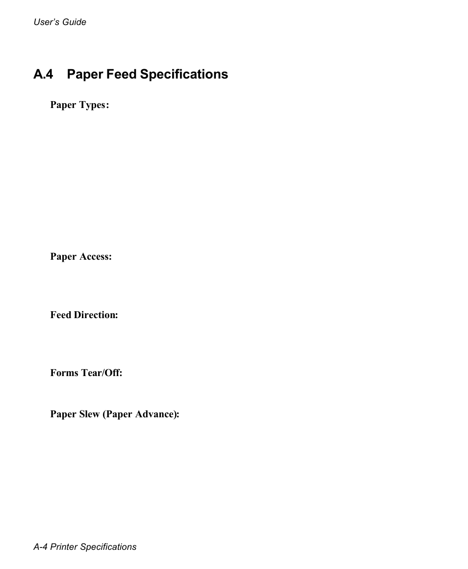 A.4 paper feed specifications | AMT Datasouth documax 3300 User Manual | Page 132 / 221