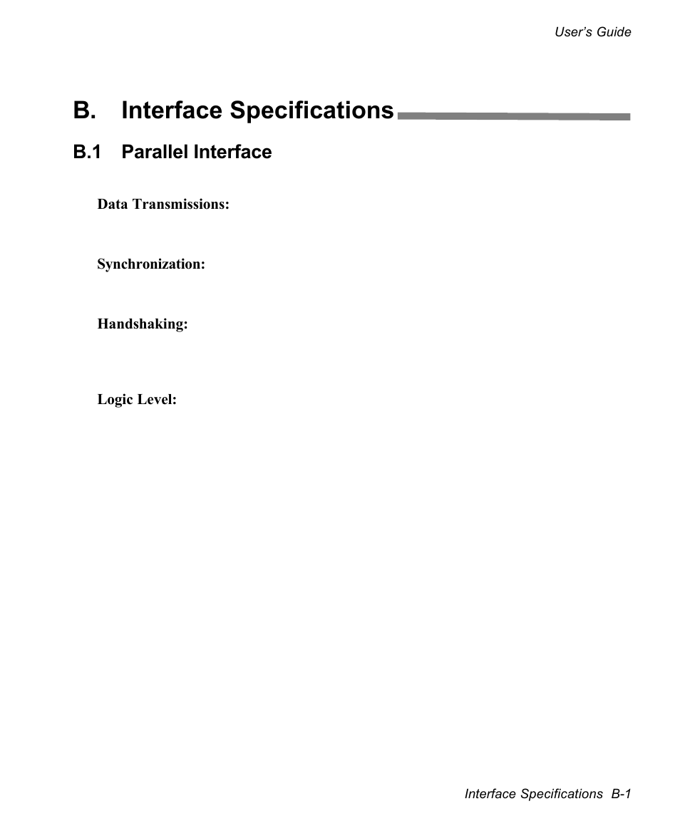 B. interface specifications, B.1 parallel interface | AMT Datasouth documax 3300 User Manual | Page 137 / 221