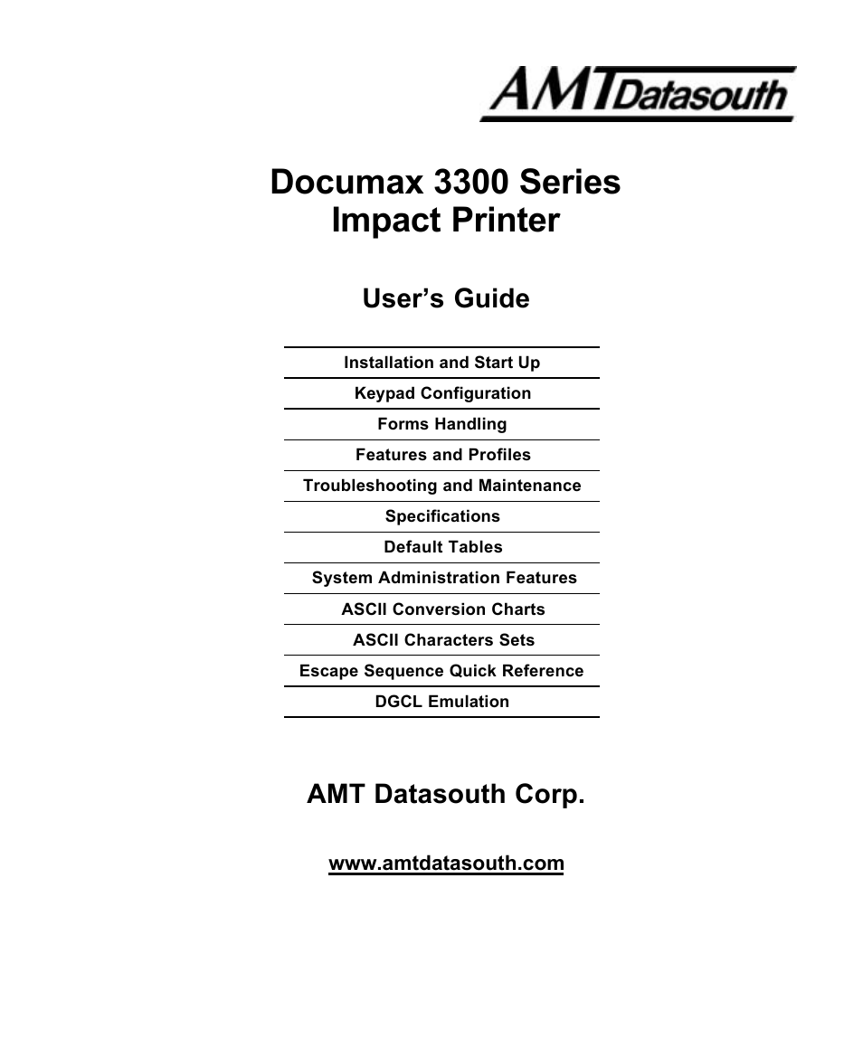 Documax 3300 series impact printer, User’s guide, Amt datasouth corp | AMT Datasouth documax 3300 User Manual | Page 2 / 221