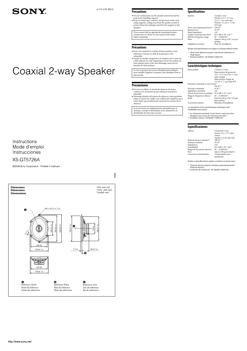 Sony XS-GT5726A User Manual | 2 pages