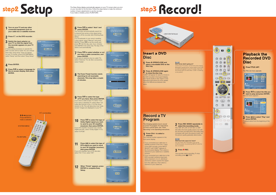 System menu, Enter, Record a tv program | Playback the recorded dvd disc, Insert a dvd disc | Sony RDR-GX315 User Manual | Page 2 / 2