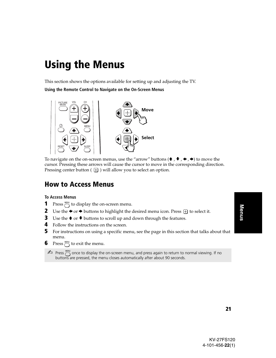 Using the menus, How to access menus | Sony KV-27FS120 User Manual | Page 29 / 48