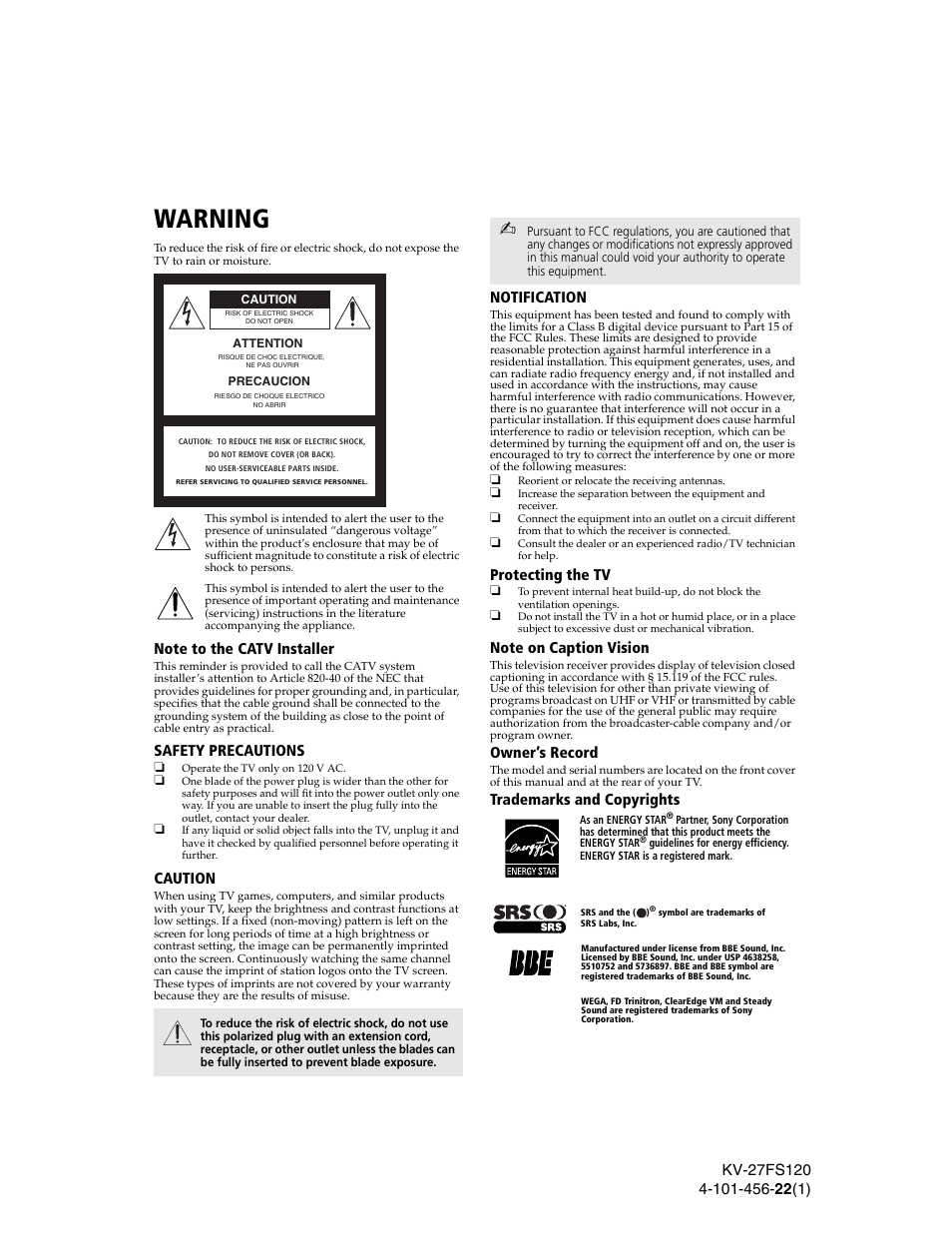 Note to the catv installer, Safety precautions, Caution | Notification, Protecting the tv, Note on caption vision, Owner’s record, Trademarks and copyrights, Warning | Sony KV-27FS120 User Manual | Page 3 / 48