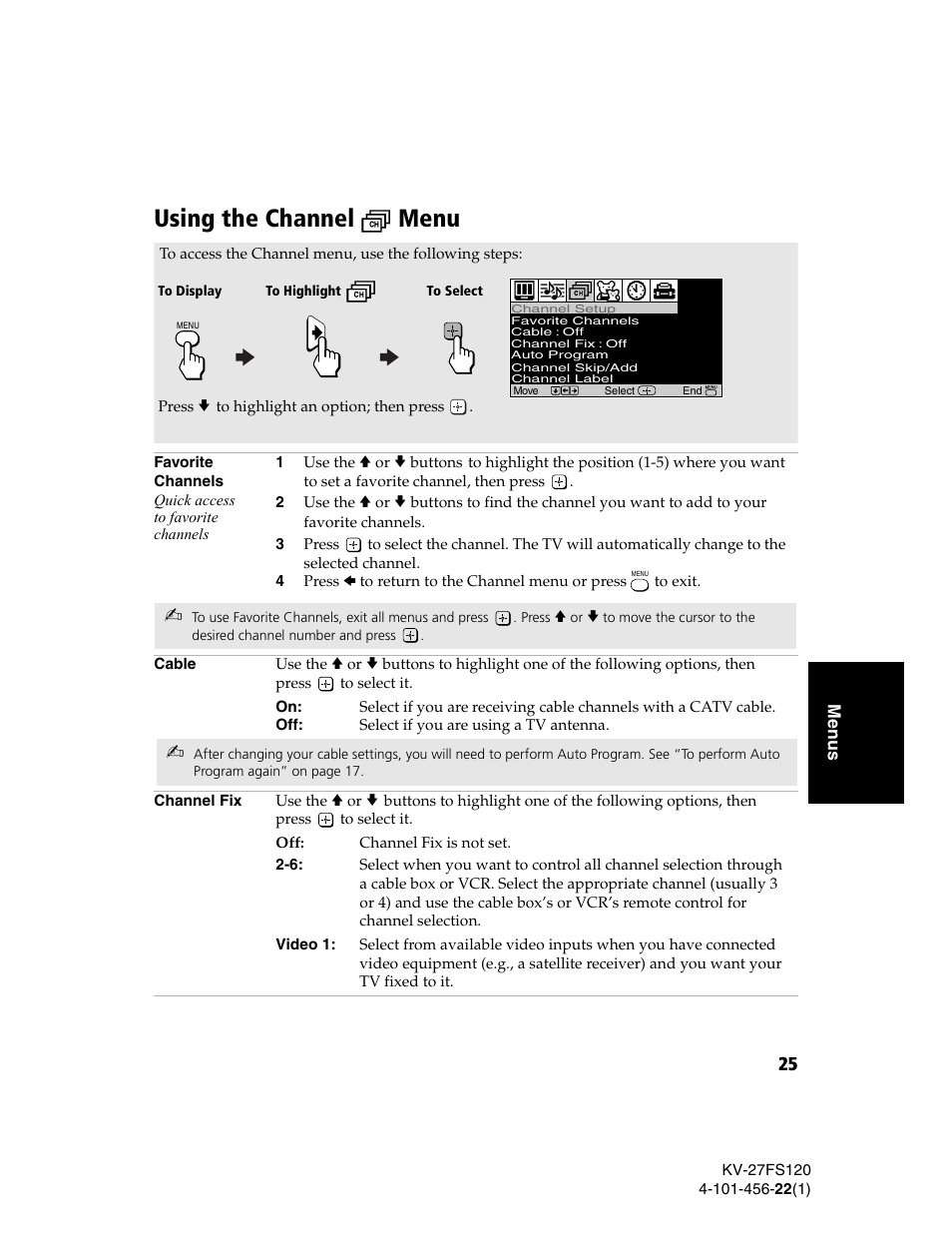 Using the channel menu, Using the channel | Sony KV-27FS120 User Manual | Page 33 / 48