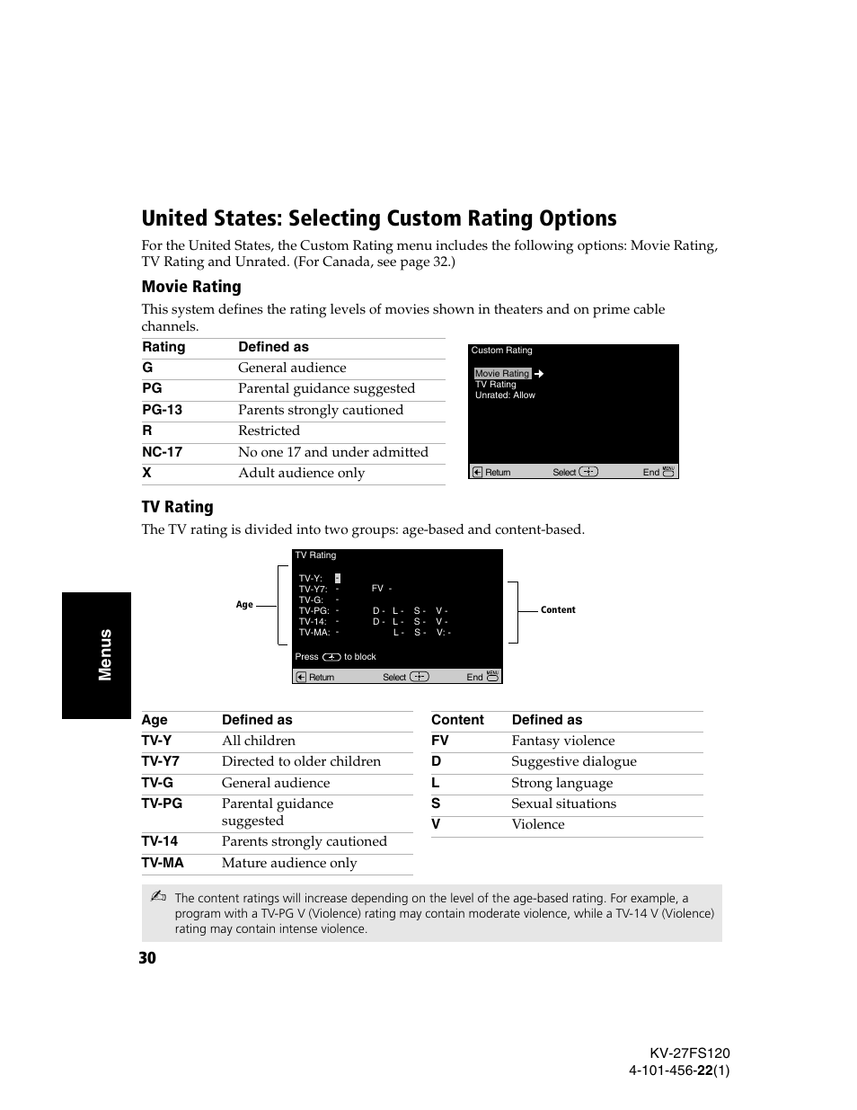 S 30, United states: selecting custom rating options, 30 me n u s | Movie rating, Tv rating | Sony KV-27FS120 User Manual | Page 38 / 48