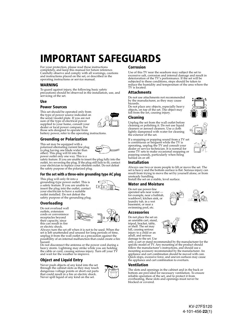 Warning, Installation, Important safeguards | Sony KV-27FS120 User Manual | Page 4 / 48