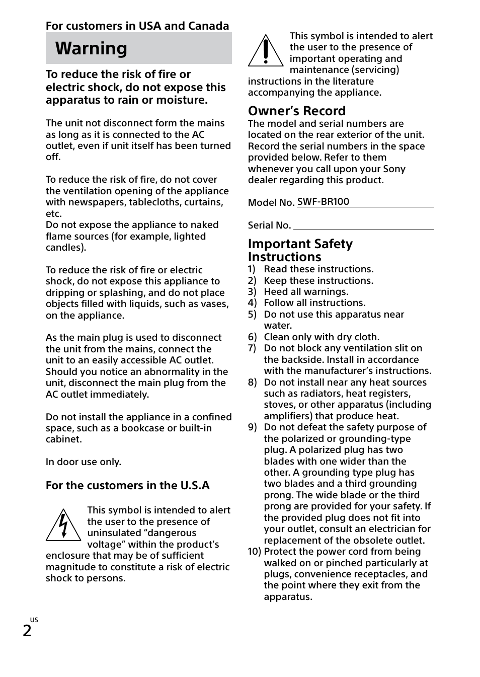 Warning, Owner’s record, Important safety instructions | Sony SWF-BR100 User Manual | Page 12 / 36