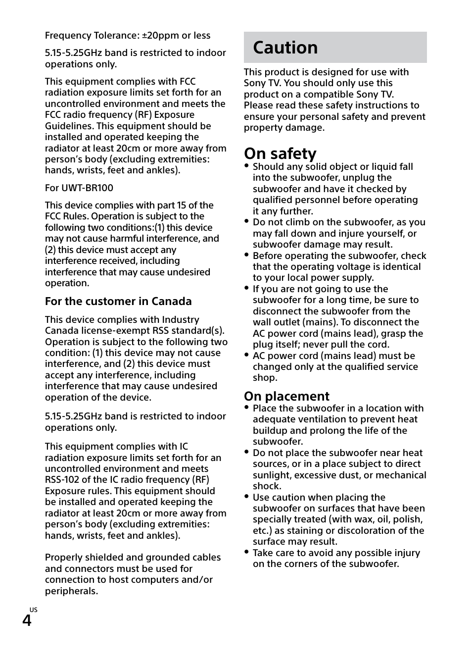 Caution, On safety, On placement | Sony SWF-BR100 User Manual | Page 14 / 36