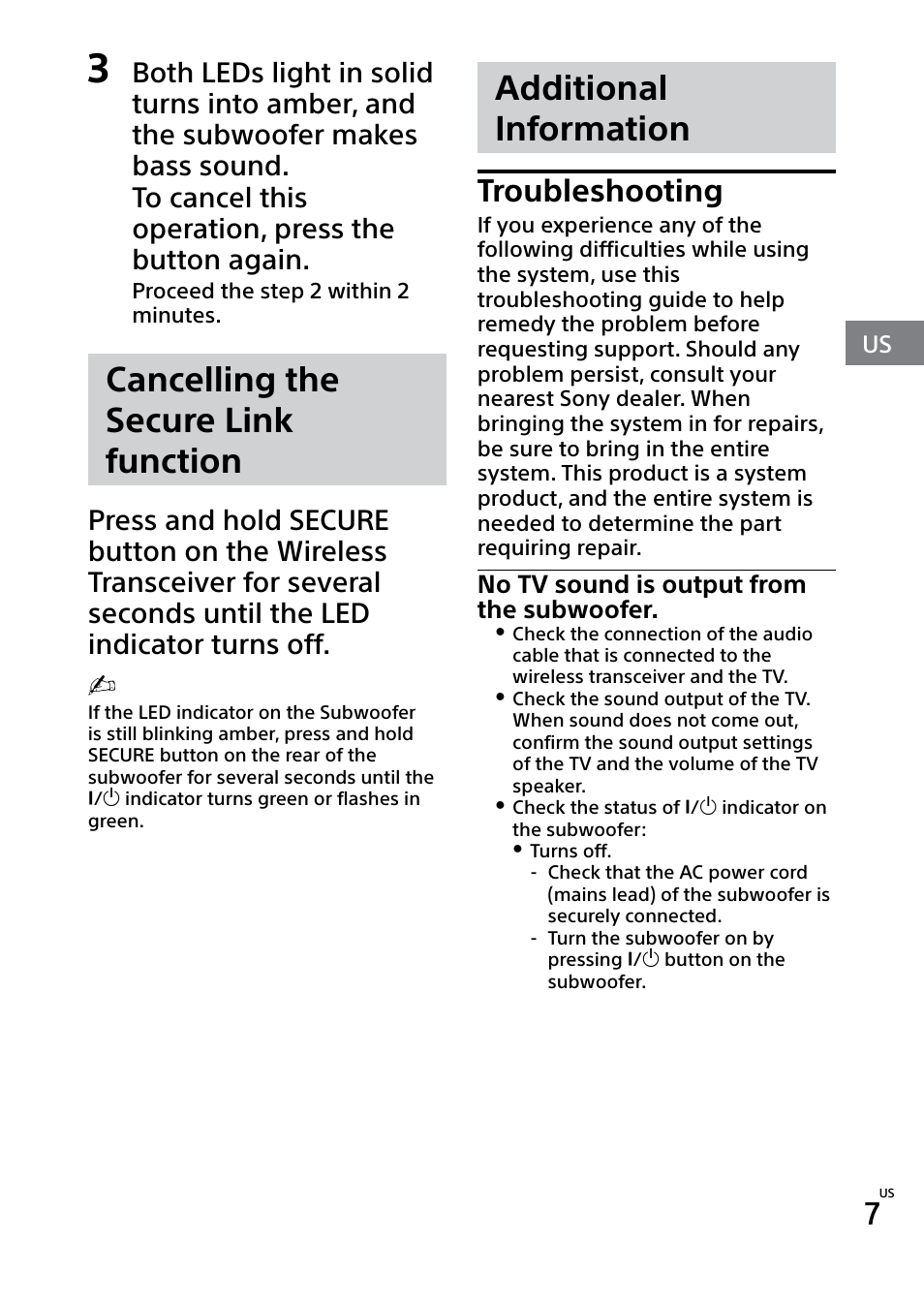 Cancelling the secure link function, Additional information, Troubleshooting | Sony SWF-BR100 User Manual | Page 17 / 36