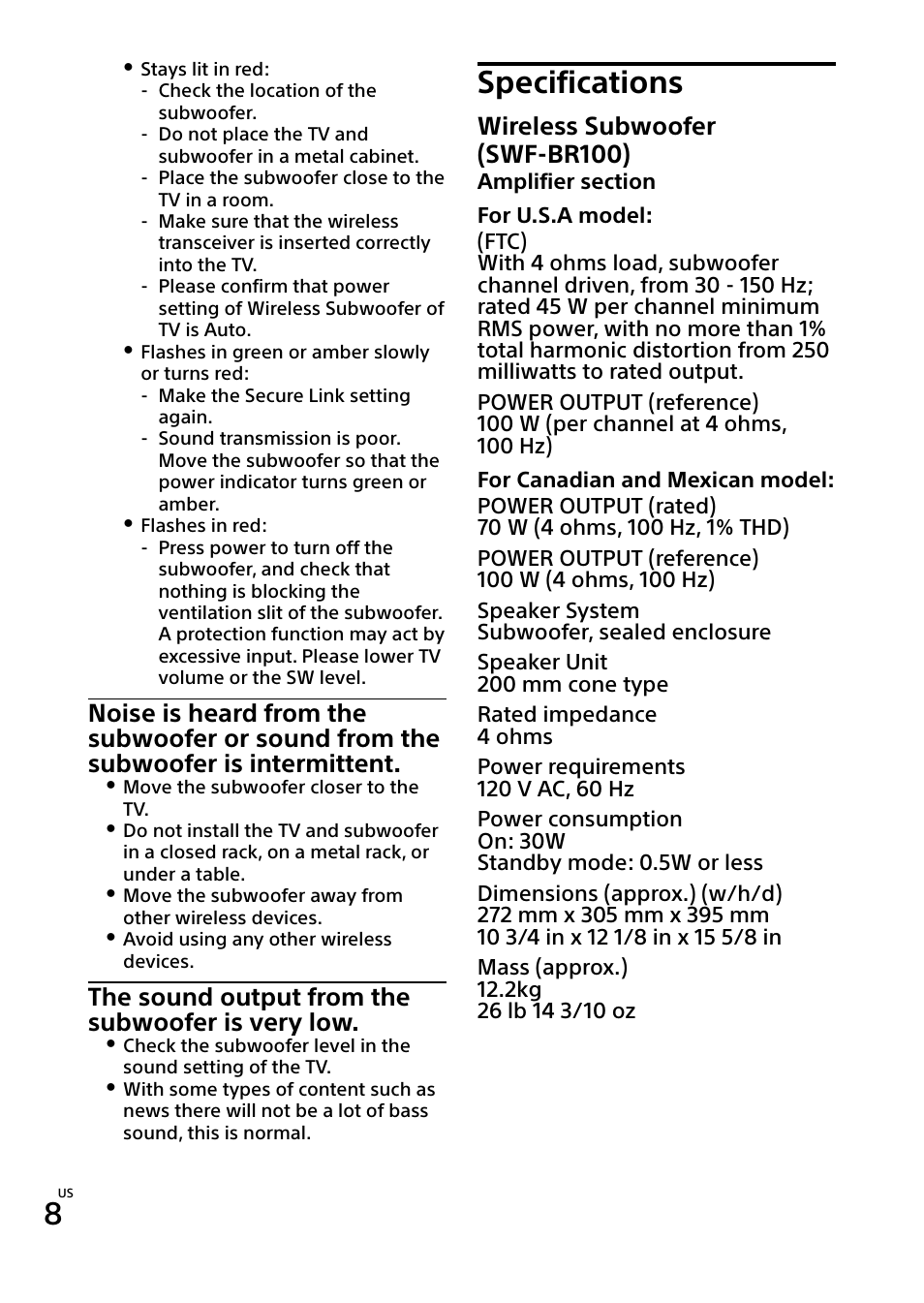 Specifications, The sound output from the subwoofer is very low, Wireless subwoofer (swf-br100) | Sony SWF-BR100 User Manual | Page 18 / 36
