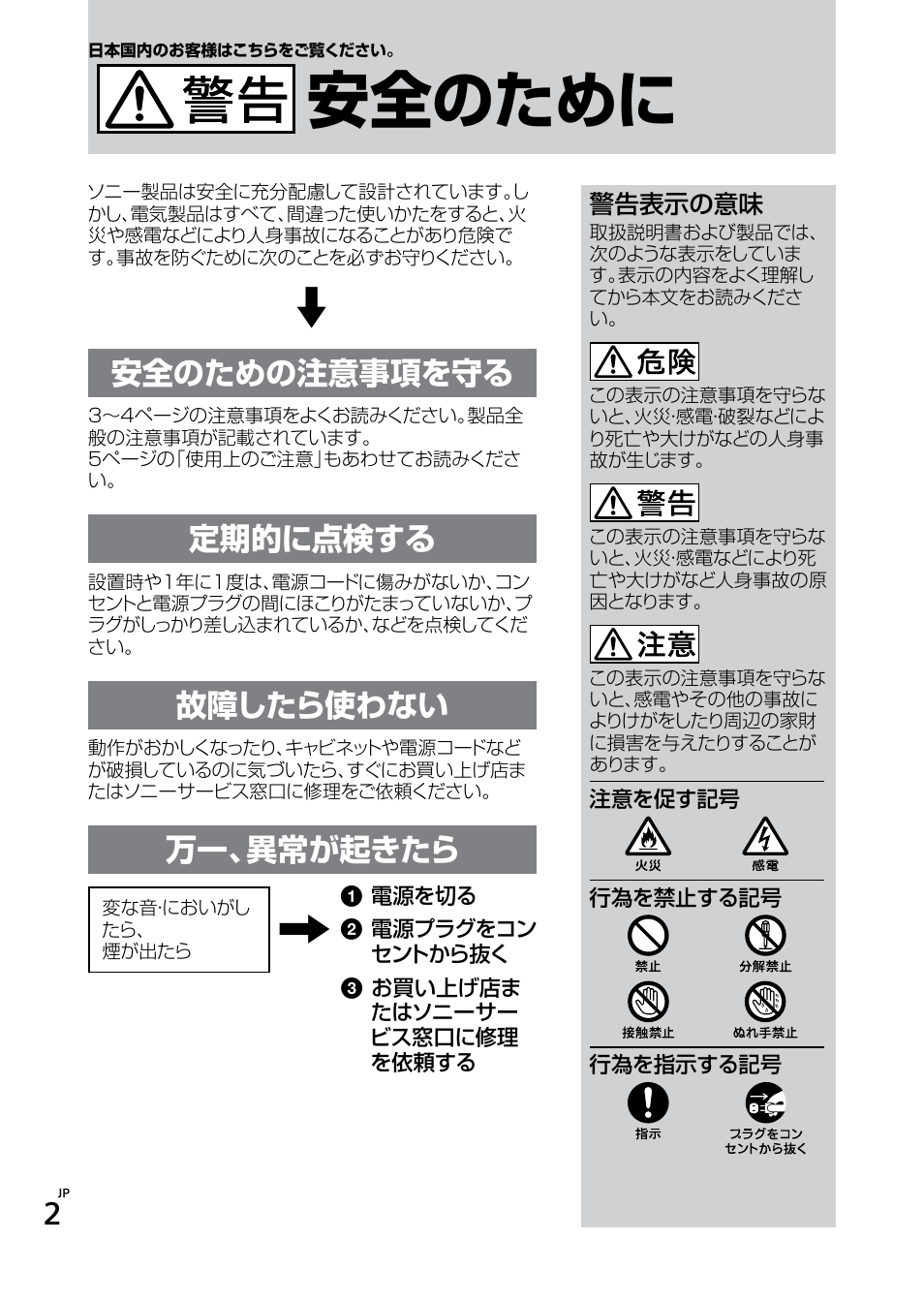安全のために, 安全のための注意事項を守る, 定期的に点検する | 故障したら使わない, 万一、異常が起きたら | Sony SWF-BR100 User Manual | Page 2 / 36